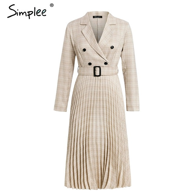 Simplee Vintage pleated belt plaid dress women Elegant office ladies blazer dresses Long sleeve female autumn midi party dress