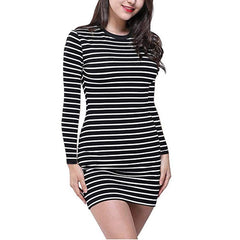 Enough Stock Summer autumn Round Neck long Short sleeved Dress Black And White Striped Dresses Casual Elegant Sheath Slim Dress