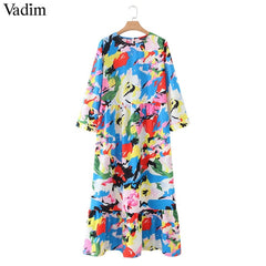 Vadim women dots print maxi dress pleated three quarter sleeve female casual straight dresses chic ankle length vestidos QB260