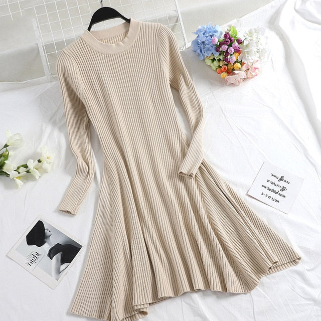 Women Long Sleeve Sweater Dress Women's Irregular Hem Casual Autumn Winter Dress Women O-neck A Line Short Mini Knitted Dresses