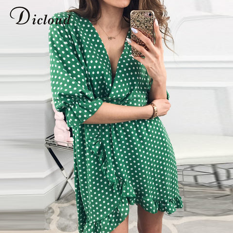 DICLOUD Short Women Dress Ruffle Print Polka Dot Sexy Beach Wrap Dress Vintage Half Sleeve Summer Party Mini Dresses Vestidos