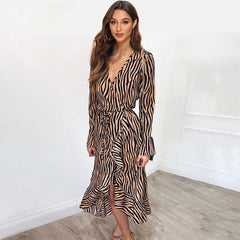 Long Dresses 2019 Women Zebra Print Beach Bohemian Maxi Dress Casual Long Sleeve V Neck Ruffles Elegant Party Dress Vestidos