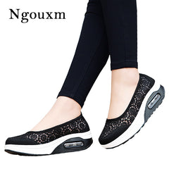 Ngouxm Summer Women Platform Shoes Woman lady Flat Casual Shallow Shoes Slip On Comfort Lace Black Fabric Shoes