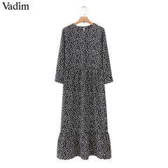 Vadim women dots print maxi dress pleated three quarter sleeve female casual straight dresses chic ankle length vestidos QB260