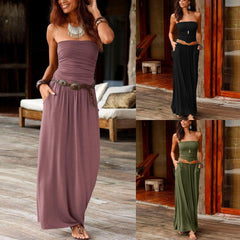 Dress 2019Top Womens Bandeau Holiday Off Shoulder Long Dress Ladies Summer Solid Sundress Vestidos Robe Femme