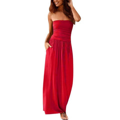 Dress 2019Top Womens Bandeau Holiday Off Shoulder Long Dress Ladies Summer Solid Sundress Vestidos Robe Femme