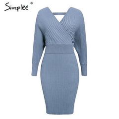 Simplee Sexy v-neck women knitted skirt suits Autumn winter batwing sleeve 2 pieces Elegant party female sweater pink dress