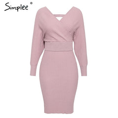 Simplee Sexy v-neck women knitted skirt suits Autumn winter batwing sleeve 2 pieces Elegant party female sweater pink dress