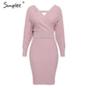 Simplee Sexy v-neck women knitted skirt suits Autumn winter batwing sleeve 2 pieces Elegant party female sweater pink dress