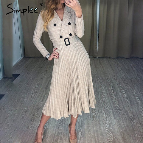 Simplee Vintage pleated belt plaid dress women Elegant office ladies blazer dresses Long sleeve female autumn midi party dress