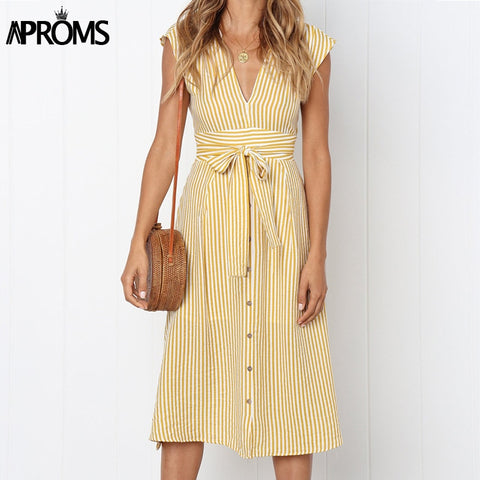 Aproms Vintage Stripe Print Midi Dress Women Elegant Deep V Sash Tie Up Bodycon Dresses Female Summer Streetwear Sundresses 2019