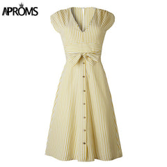 Aproms Vintage Stripe Print Midi Dress Women Elegant Deep V Sash Tie Up Bodycon Dresses Female Summer Streetwear Sundresses 2019